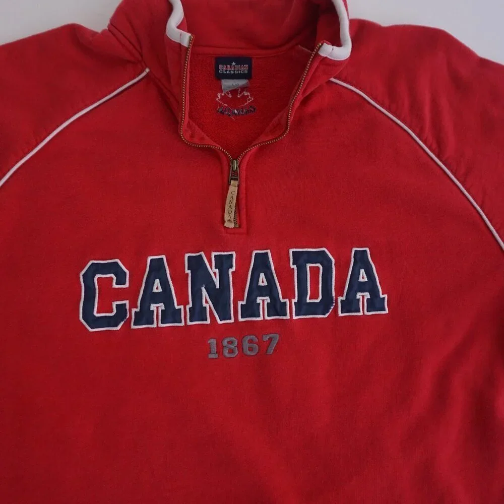 Vintage '90S Canadian Classics Red Navy Cotton Quarter Zip Pull Over Sweater L - Picture 9 of 11